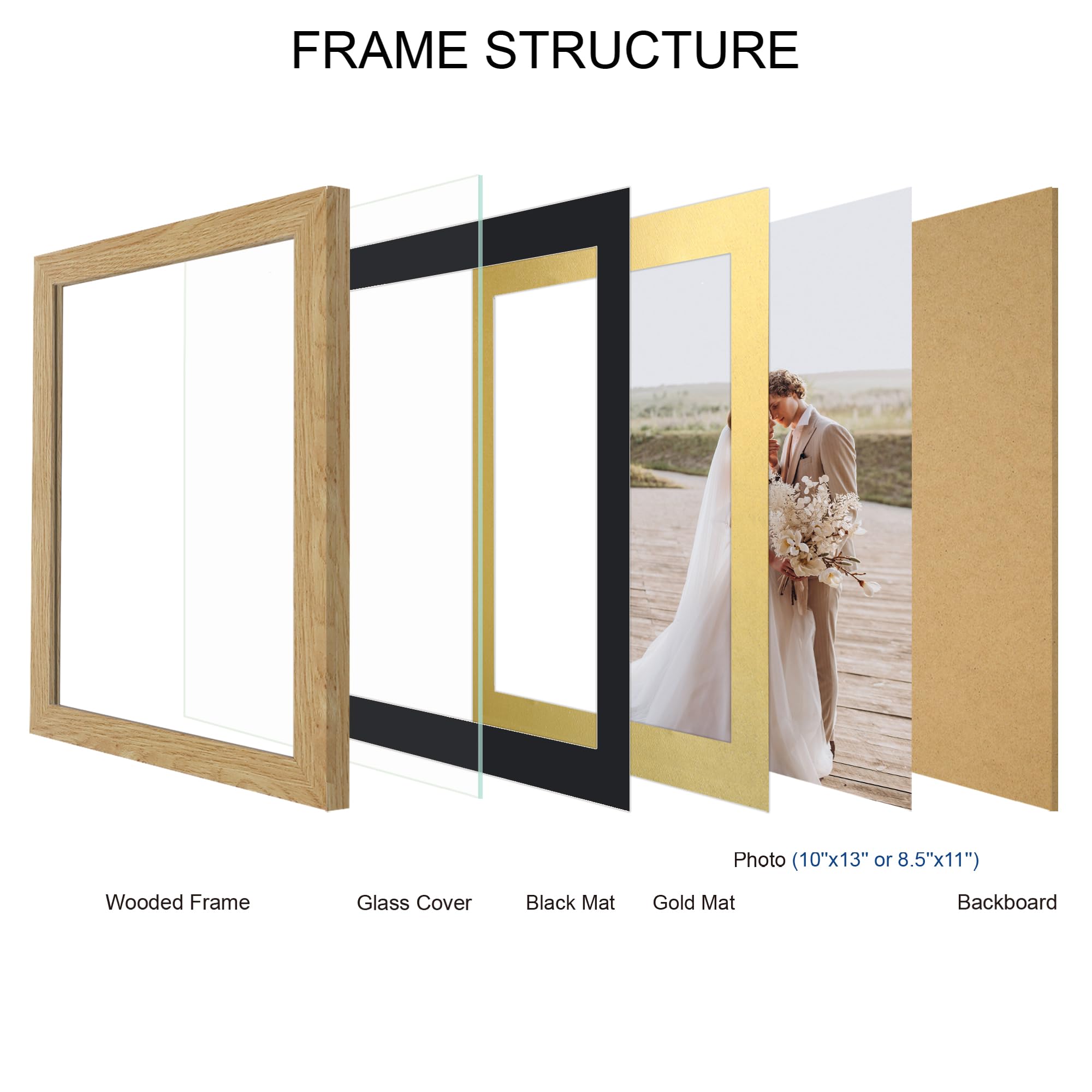 Hongkee 10x13 Picture Frame Set of 4, Made of Real Glass and Natural Oak Frame, 10 by 13 Photo for Wall or Tabletop - Display Pi
